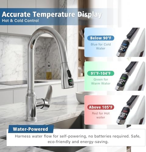 Kitchen Sink Faucet Sprayer Head Replacement, LED Temperature Sensitive Display Pull Down Pull Out Faucet Nozzle (Chrome) - Image 2