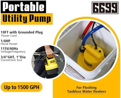 Tankless Water Heater Flushing Kit Includes 1500GPH Submersible Sump Pump with Two Adapters & Cleaner & 3 Gallons Pail with Bucket Lid Opener & Two 1/2” Dia X 6' Hoses SUB 1500 Flush Kit - Image 2