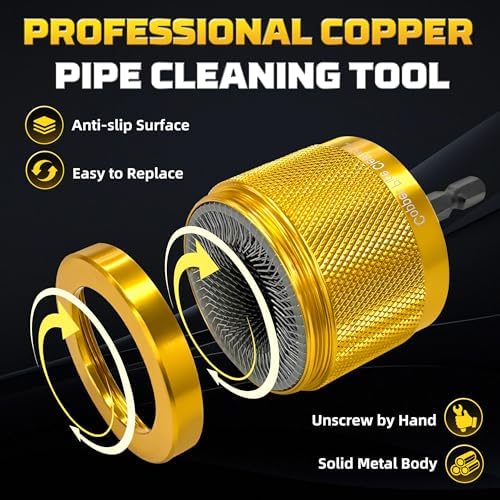 KJE 3-Piece Metal Copper Pipe Cleaner Set for Drill (1/2", 3/4", 1"), with 15 Brush Blades & 1/4" Hex Shank, Plumbing Tools for Removing Rust & Paint from HVAC Metal Pipes, Yellow - Image 3