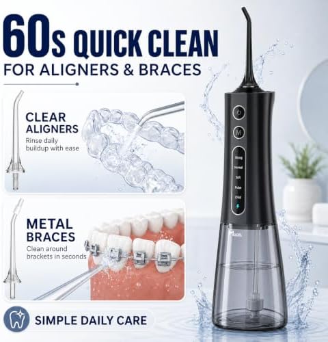 MOCEL Cordless Water Dental Flosser for Teeth, 300ML Portable Oral Irrigator with OLED Display and Child Mode, 5 Pressure Settings, 6 Tips, USB-C, IPX7 Waterproof, Braces and Family Care, Black - Image 2