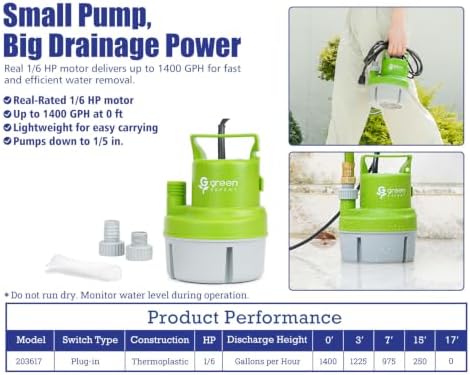 Green Expert Submersible Utility Water Pump 1/6 HP, Electric Water Removal Pump for Flooded Basement, Pool, Hot Tub, Garage, Yard, Window Well Drainage, Portable Emergency Pump - Image 3