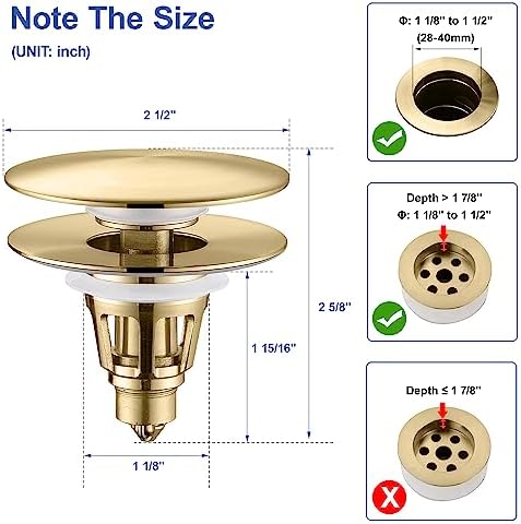 Universal Bathroom Sink Stopper - Pop Up Sink Drain Stopper, Push Button Flixfilter Sink Drain Stopper Replacement, Wash Basin Drain Filter Plug Anti-Clogging Basket, Brushed Gold - Image 2