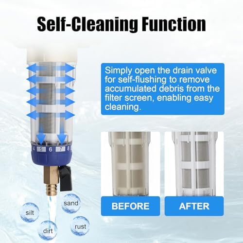 Water Filtration & Softeners, Reusable Whole House Spin Down Sediment Water Filter 40 Micron Flushable Prefilter Filtration 0.75" Female Thread + 1.26" Male Thread - Image 5