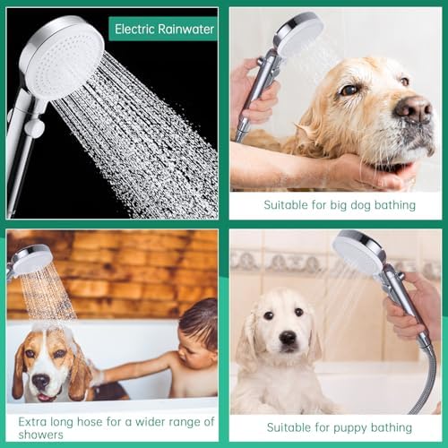 Dog Shower Head Sprayer Pet High Pressure 3 Mode Handheld with ON OFF Switch Metal Diverter 100 Inch Extra Long Stainless steel Hose No Drill Hook Chrome - Image 4