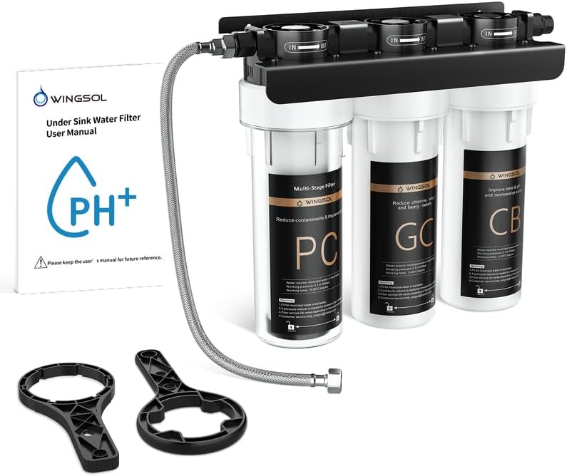 WINGSOL Water Filter for Sink with Faucet, 3-Stage Deep Filtration, Reduce Heavy Metals/Chlorine/PFAS/Odor/Sediment, NSF/ANSI 42&53 Improve Taste, Life Indication Mineral pH+ Under Sink Water Filter by WINGSOL