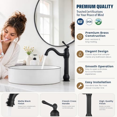 Black Bathroom Faucet GGStudy 360° Swivel Single-Handle One Hole Bathroom Vessel Sink Faucet Matching Pop Up Drain - Image 2