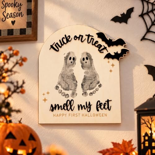 Baby First Halloween Handprint Kit, Trick or Treat Smell My Feet Sign, Halloween Footprint Craft Sign, DIY Baby Handprint & Footprint Keepsake Plaque, Halloween Nursery Decor - Image 2