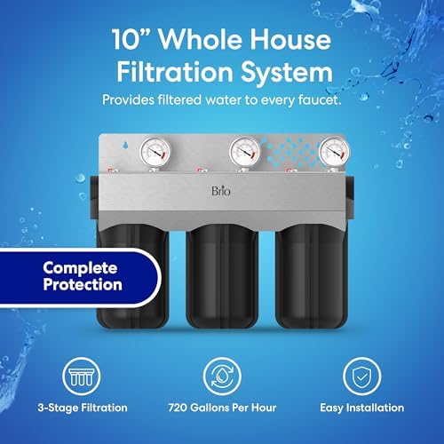 Brio Whole House Water Filter System w/Gauges | 3 Stage Fast-Flow Filtration (5 Micron Sediment, Carbon GAC, CTO Carbon Block) 4.5" x 10" Filters | Improves Taste, Protects Home Appliances | 720 GPH - Image 2