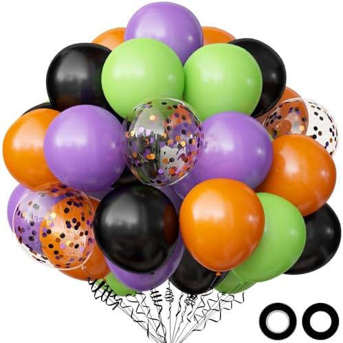 OuMuaMua 62PCS Halloween Party Balloons Decorations, 12 Inch Black Orange Green Purple Balloons Confetti Balloons for Kids Halloween Party Decorations Birthday Baby Shower Bachelorette Favors Supplies by OuMuaMua