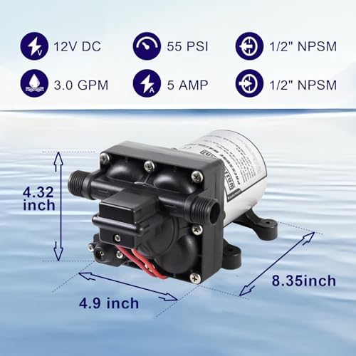 WASSERMANN RV Water Pump 12 Volt DC 3.0GPM 55PSI Replacement For 4008-101-A65 Water Pump Self Priming Diaphragm Pump with Pressure Switch for RV Kitchen Bathroom Marine Yacht Garden Camper Water Pumps - Image 2