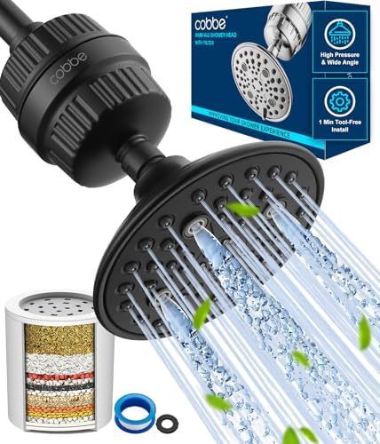 Cobbe 6-Setting High Pressure Filtered Shower Head Combo, Detachable Rain Shower Head with 20 Stage Shower Head Filter for Hard Water - Remove Chlorine and Harmful Substances, Black by Cobbe
