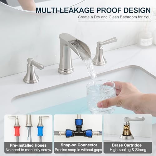 8 Inch Brushed Nickel Bathroom Faucet Widespread, Brass Waterfall Faucet for Bathroom Sink 3 Hole 2 Handle with Pop up Drain & Pre-Installed cUPC Supply Pipe for Restroom, 10 Mins Install - Image 5