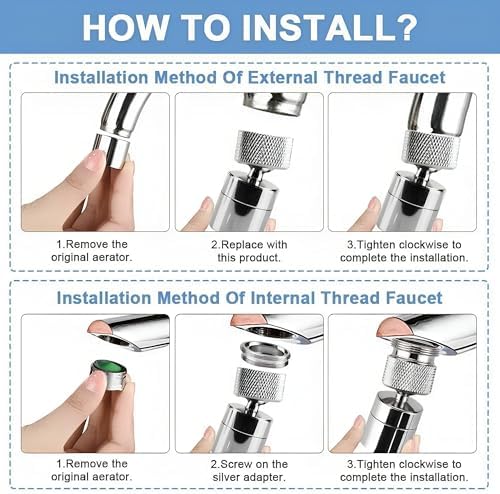 Faucet Aerator 360° Swivel Kitchen Sink Aerator, Dual-function 2-Flow Female 55/64 in-27UNS Chrome Solid Brass Faucet Sprayer Attachment with 15/16 in Male Threaded Adapter for Bathroom Sink Filter - Image 5