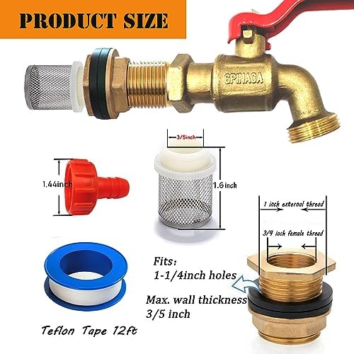 Rain Barrel Spigot, Brass Faucet Kit for Rain Water Barrel, Water Tanks, Tubs, Pools Etc, Turn Ball Valve Rain Barrel Spigot with Bulkhead Fitting Set, Hose Adapter, Filter Mesh and Tape - Image 2