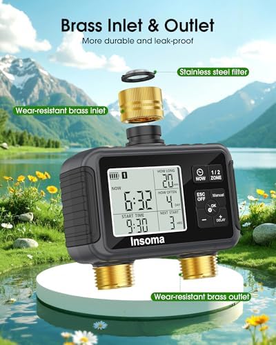 Insoma Water Timer with Brass Inlet & Outlet, 2 Independent Zones Outdoor Hose Timer for Garden Faucet with Auto/Manual/Rain Delay Mode, Sprinkler Irrigation Controller for Yard Lawn - Image 2