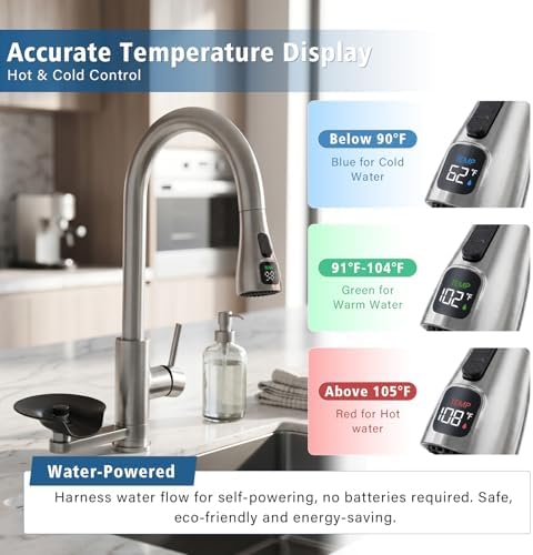 Kitchen Sink Faucet Sprayer Head Replacement, LED Temperature Sensitive Display Pull Down Pull Out Faucet Nozzle (Brushed Nickel) - Image 2