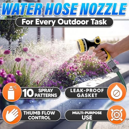 Garden Hose Nozzle, 10 Spray Patterns, Thumb Flow Control, Yellow - Image 4