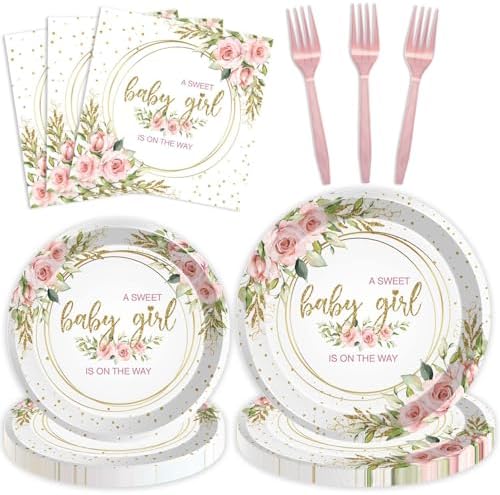 96 Pcs Sweet Baby Girl Party Tableware Set It's a Girl Baby Shower Disposable Paper Plates and Napkins Watercolor Pink Floral Girl Baby Shower Party Supplies for 24 Guests by Joliaco