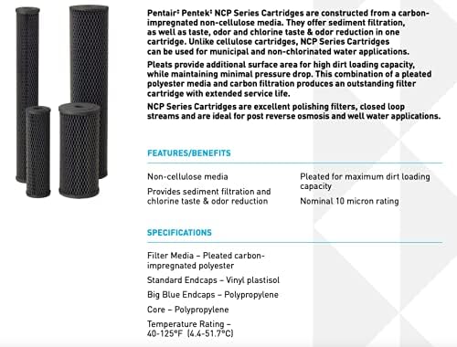 Pentair Pentek NCP-BB Big Blue Carbon Water Filter, 10-Inch, Whole House Pleated Carbon-Impregnated Polyester Cartridge, 10" x 4.5", 10 Micron, Sediment and Chlorine Reduction - Image 3