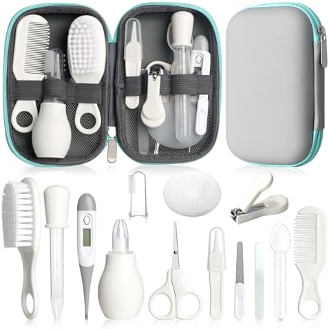 Baby Grooming Kit, Infant Safety Care Set with Hair Brush Comb Nail Clipper Nasal Aspirator,Baby Essentials Kit for Newborn Girls Boys (Grey White) by WXA