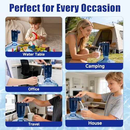 Dual Pump Water Dispenser for 5 Gallon Bottle, Electric Water Bottle Pump with Water Jug Cap, Powerful Flow, USB Rechargeable Automatic for Home, Office, Camping-Blue - Image 4