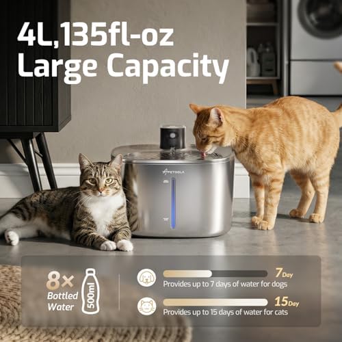 Cat Water Fountain Stainless Steel,152oz/4L Wireless Pet Fountain Battery Operated,Quiet Filtered Pet Water Fountain,Automatic Water Bowl for Cats Dogs with Motion Sensor 5 Filters - Image 4