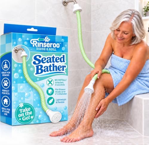 Rinseroo: Seated Bathing Hose. Slip-On Handheld Shower Attachment w/Spray Head. Converts Fixed Shower Head into Handheld Bather. Portable, No-Install Shower Hose Wand for Seniors, RV. Gravity fed by Rinseroo