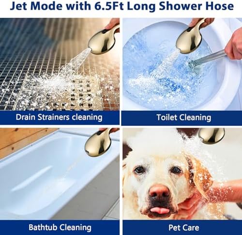 High Pressure 10 Setting Handheld Shower Head, 5" Detachable Showerhead Spray Built-in Power Wash to Clean Tub, Tile & Pets, 79" Extra Long Stainless Steel Hose, Adjustable Bracket - Gold - Image 5
