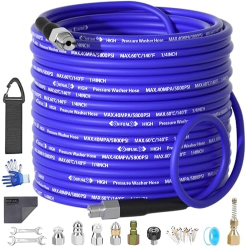 NIFUAL 100FT Sewer Jetter Kit for Pressure Washer, 5800PSI Drain Cleaner Hose 1/4 Inch NPT Corner, Rotating and Button Hose Sewer Jetting Nozzle Waterproof Tape Pearl Corsage Pin Spanner Glove by PressureWasherAccessories