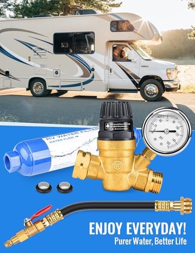RV Water Pressure Regulator Kit, RV Fresh Water Kit All-in-One Sprinkler Blowout Adapter, Inline Water Filter, Hose Splitter, Brass Elbow, Flexible Connector, Hose Quick Connects, Leak Repair Kit - Image 3