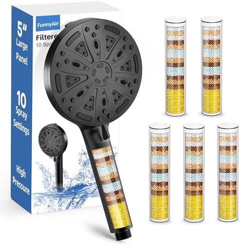 Black Filtered Shower Head Handheld, 5 Filters Hard Water Softener by FunnyAir