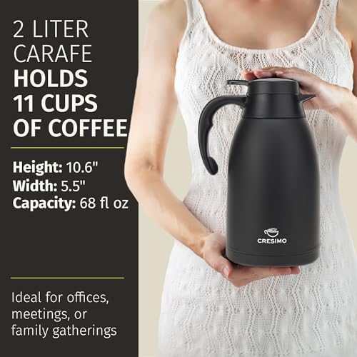 Thermal Coffee Carafe 68 oz by Cresimo – Updated 2025 Model – Insulated Black Stainless Steel Coffee Urn & Drink Dispenser, Keeps Drinks Hot 12h / Cold 36h – Durable & Easy to Pour - Image 5