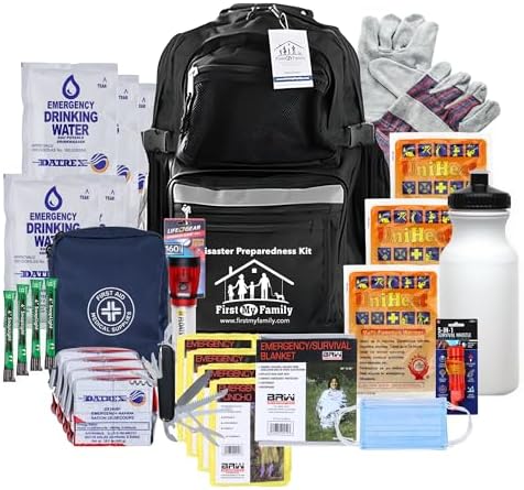 First My Family All-in-One 4 Person, 72 Hour Emergency Survival Kit for Fires, Earthquakes, Hurricanes, Floods, Tsunami and Other Disasters - Premium Black Backpack by FIRSTMYFAMILY