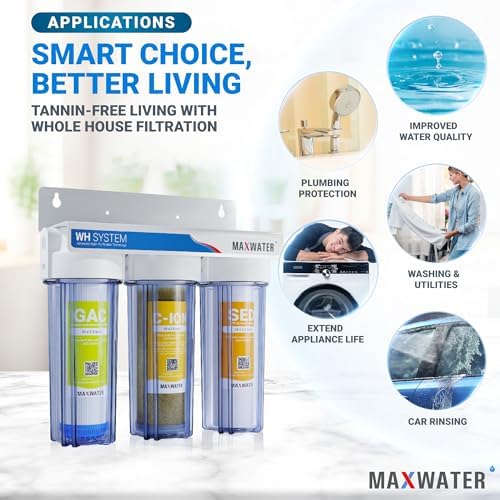 Max Water 3 Stage Water Softening10 inch Standard Water Filtration System for Whole House - Sediment + Cation Resin + GAC - ¾ Inlet/Outlet - Model : WH-SC8 - Image 4