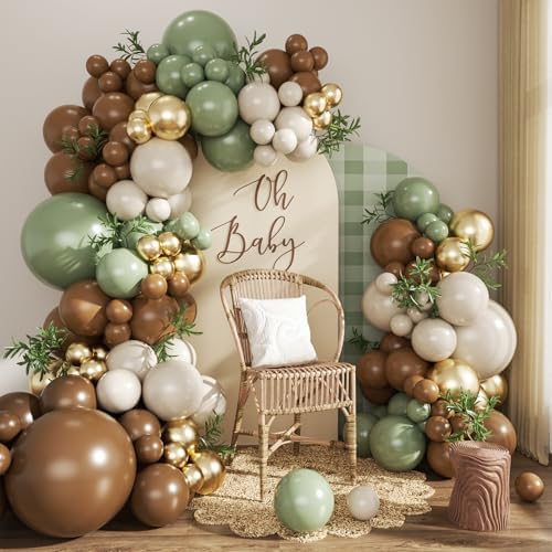 Sage Green Brown Balloon Arch Kit for Safari Jungle Baby Shower Decorations by CROSSFINGERS