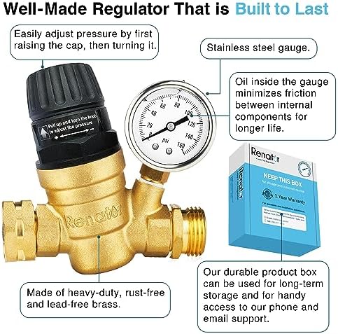 Renator RV Water Pressure Regulator for RV Camper. Brass Lead-free Adjustable Water Pressure Regulator with Gauge for Camper Travel Trailer, Reducer Valve W Filter. M22-0660R. - Image 5
