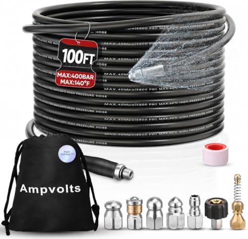 100 ft Slim Sewer Jetter Kit, 5800 PSI, 5 Nozzles, 2 Adapters by Ampvolts