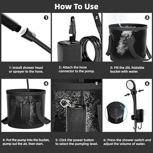 Moriko Portable Camping Shower, 6000mAh Rechargeable Shower Pump, Filtered Shower Head & 5 Gallons Foldable Bucket, Outdoor Shower for Hiking Beach, Travel, Pet Bath, Car Washing, Surf & Boat Cleaning - Image 4