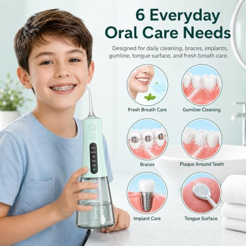 MOCEL Water Dental Flosser, Cordless Portable Oral Irrigator with OLED Display, 300ml Water Tank, 5 Cleaning Modes, 6 Jet Tips, IPX7 Waterproof Rechargeable Teeth Cleaner for Travel, Braces Green - Image 5