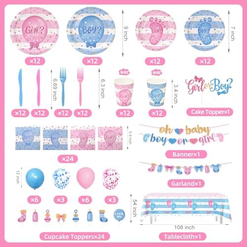 190 Pcs Gender Reveal Party Decorations Kit (Serves 24 Guests), Include Plates and Cups and Napkins Sets with Forks and Banner, Girl or Boy Baby Gender Reveal Party Supplies - Image 3