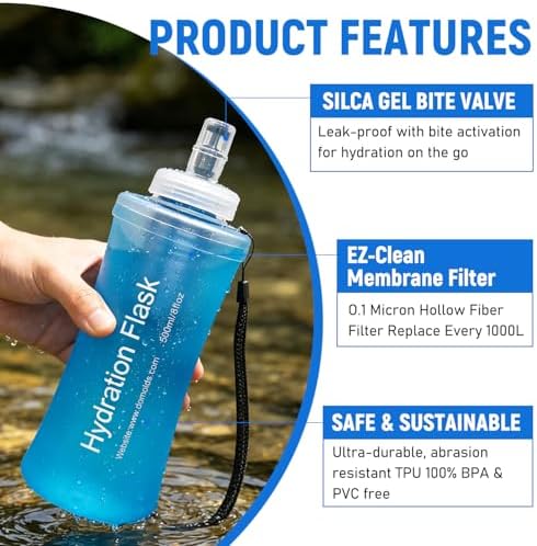 1L Collapsible Water Bottle with Filter for Hiking Backpacking(Blue) - Image 2