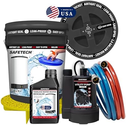 Safetech Tankless Water Heater Flushing Kit with Screw-Top Lid, Premium Braided Hoses, 1/6 HP Utility Pump, Quart Descaler, and Pump Grate by SafeTech