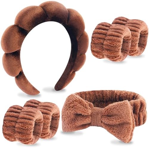 VELSCRUN Spa Headband, Makeup Face Wash Skincare Headbands, 6 Pcs Coffee Color Sponge Bow Tie Get Ready HairBand Facial Wristband Set, Stuff for Teen Girls Women Trendy Fashion Hair Accessories by VELSCRUN