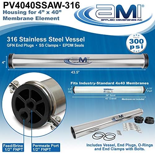 APPLIED MEMBRANES, INC. 4x40 Commercial RO Membrane Housing | Stainless Steel RO Pressure Vessel for 4" x 40" RO, UF, NF, MF Membrane Element | 300 PSI | End Clamp Style | PV4040SSAW-316 - Image 3