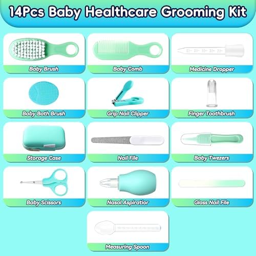 Baby Healthcare and Grooming Kit, 14 in 1 Baby Safety Set Newborn Nursery Health Care Set with Hair Brush Scale Nail Clippers for Baby Girls Boys(20 Kits Pink) (Green) - Image 2