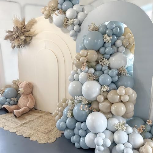 Dusty Blue White Sand Balloon Arch Garland Kit 141pcs Slate Fog Baby Blue Sand White Beige Cream Balloons for Boy Girl Birthday Bear Theme Baby Shower Gender Reveal Bridal Wedding Party Decorations by Cohapmk