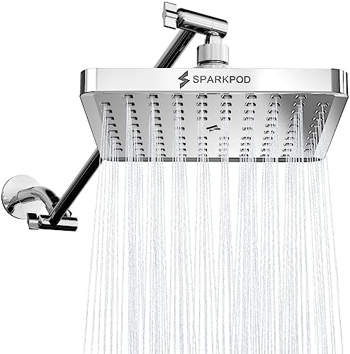 SparkPod Square Rain Shower Head with Extension Arm - Height Adjustable Shower Head with High Pressure Performance - Easy 1-Minute Installation (8" Square, Luxury Polished Chrome) by SparkPod