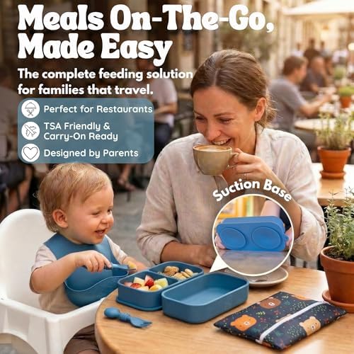 Baby Travel Feeding Set with Silicone Suction Plates, Dark Blue Small - Image 2