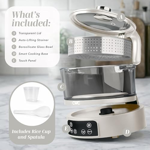 COOK WITH COLOR Glass Mini Low Carb Rice Cooker – Holds 2 Cups Raw/Makes 6 Cups Cooked with Auto Lift Filter Basket, Hotpot & Steamer for Rice, Grains, Digital Panel with Keep Warm, Cream - Image 2