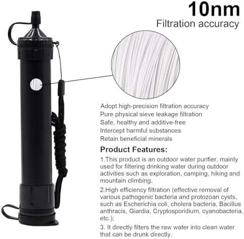 Water Straws Filter, Personal Backpacking Water Filter Straw Portable for Camping Hiking Travels (Black) - Image 5